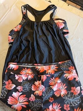 Floral Black & Coral Two-Piece Swim Set